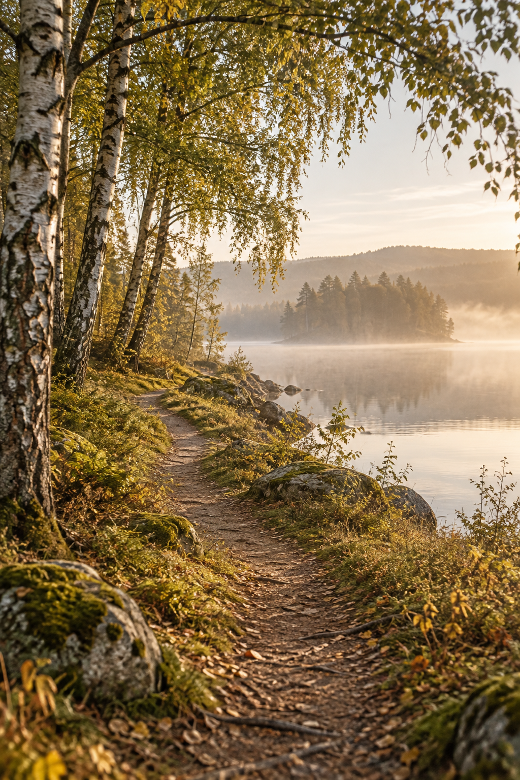 Stämningsbild av en svensk naturstig vid en sjö