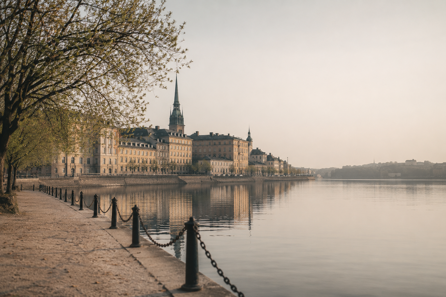 Stockholm vid vattnet i morgonljus